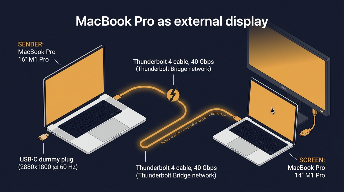 The 16-inch MacBook Pro with a USB-C dummy plug, joined by a glowing Thunderbolt 4 cable to the 14-inch MacBook Pro, which shows its second desktop; the BenQ stands behind the 14-inch.